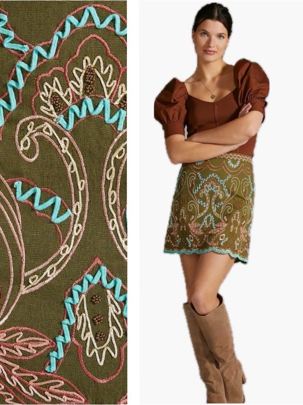 Anthropologie, Embroidered Linen/Cotton Skirt Olive Green Boho, Size 4 EUC
